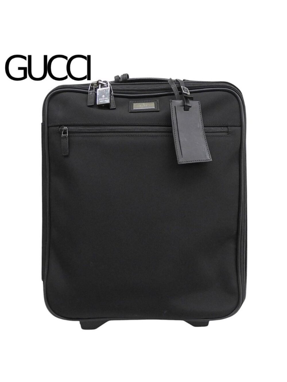 Gucci Logo Plate Leather Nylon Suitcase Travel Bag Carry on Black